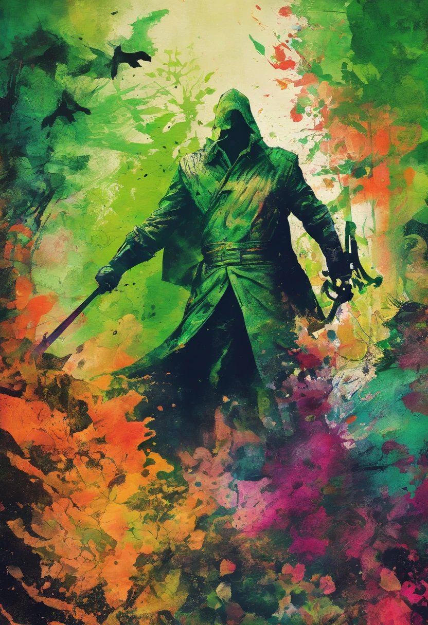 Aggressive conquering man, posture agressive, angry expression, regard envieux, green forest background ::2 colorful ink painting ::2 art fantasy