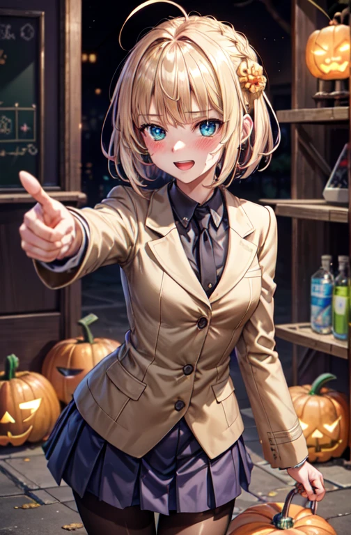 woman,14 years old,,city, ((Science Room)), (((Beige blazer school uniform))),Open mouth smiling, ((There are two stray hairs coming out of my head.)), ((hair ornaments)), ((Baby girl body type)), One girl, Artoria Pendragon,destiny,aphrodisiac,Lie,Things to know,full of sweat,Wet Area, Areol, defenseless,Embarrassing,Be embarrassed,Knead the milk,Emphasis on milk,Len,Breast milk, Knight King,Noble,ring,既婚woman, Pointing straight up, (highest quality:1.1), (masterpiece:1.4), (Absurd:1.0), Portrait, Close-up, One girl、Momoberia Deviluke、hair ornaments、Beautiful bob cut、Beautiful Short Hair、Emerald blue eyeid-chest、Watching the audience、(blush:1.2)、Embarrassed look、Mesh pantyhose、Black background、((Pumpkin lantern)), Striped pattern, ((Has a troubled look)), ((There are Western-style sweets everywhere.)), ((Cute gestures))