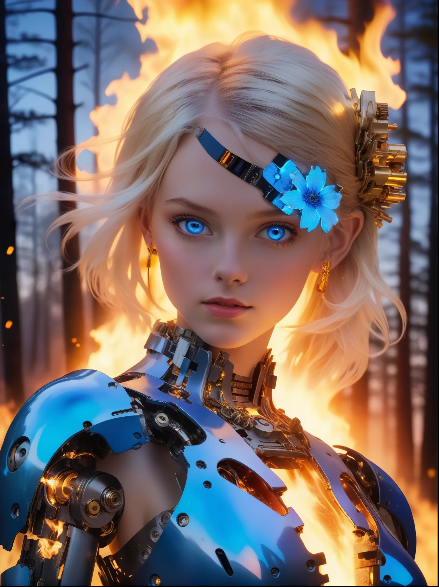 (covered in flowers:1.4), (1girl), blue eyes, night sky, robot joints, (raw flesh:1.3), (blonde hair:1.3), faize, fire and ice, (image split in half with multiple colours:2), (cogs attached to body:1.2), gold plates, blue eyes, sapphire, liquid metal, night sky, (looking at an angle:1.3), (fire and ice), ((ral-chrome)), (hair bow:1.4), (forest:1.3), (fog:1.3)