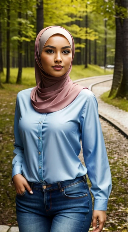 "A malay hijab girl, I'm wearing jeans and shirt." outdoors in sweden, It emphasizes realism in every detail of the image, especially in the eyes. This official art Unreal 8k wallpaper a very detailed, beautiful, aesthetic masterpiece and of the highest quality. The use of dynamic angles shows the elegance and romanticism of the image. This character has big breasts, ((small head:1.2)) ((big breast:1.1)) ((hijab))"
