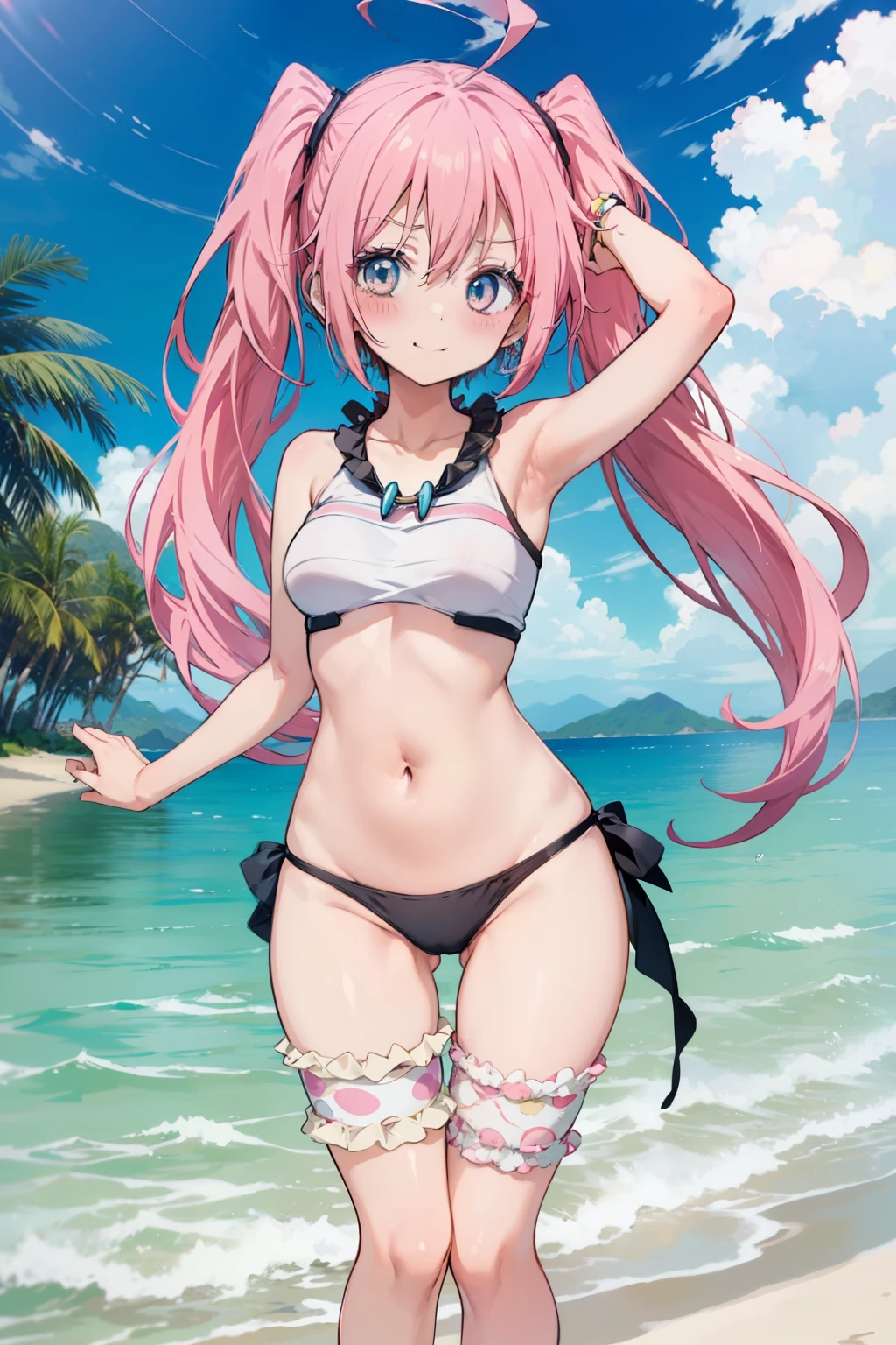 Mirimnava、Good looking girl (blush, Perfect Face), independent , Looking at the camera, masterpiece, Anime art style, Cute Characters, Most detailed, high quality、Nico Nico Smile、Swimwear、Coming to the sea、Showing armpits