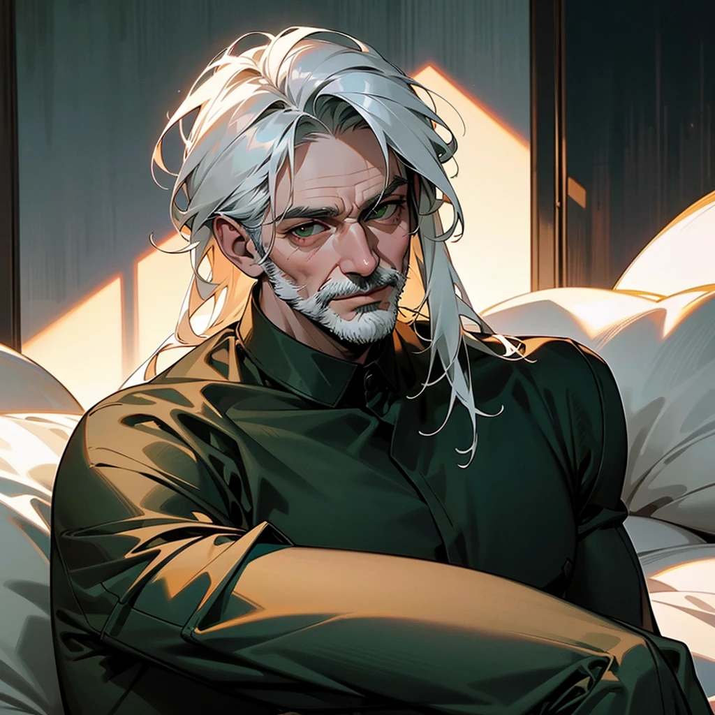 There is a man in his luxury apartment, this man is tall, he has a very light, gray beard, big and hot, he has black hair with some gray strands, fair skin, green eyes, he is wearing a black shirt that leaves his muscular chest showing underneath, he wears jeans. This man appears to be old, but he is very handsome.