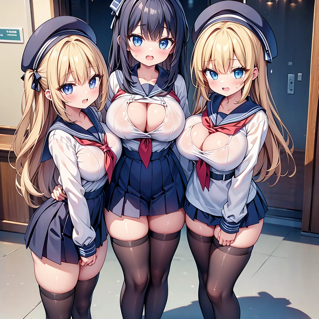 highest quality,wonderful,finely,extremely detailed CG Unity 8K wallpaper, (Stand in line:1.2), (3 girls, cute eyes, sailor uniform, clothed), (huge breasts), (open mouth:1.1), (long tongue:1.1), (mouth drool:1.1), (black stockings:1.1),(Thighs:1.1),(Waistline:1.1),(cleavage:1.2)