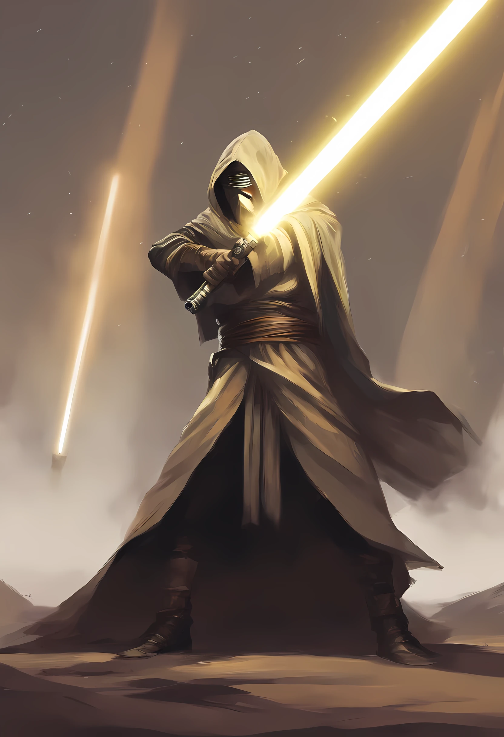 Jedi swordsman, lightsaber raised, kneeling, looking up,