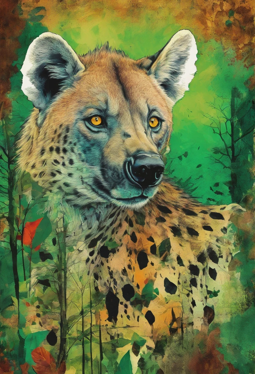 Envious hyena, posture agressive, regard envieux, green forest background ::2 colorful ink painting ::2 art fantasy