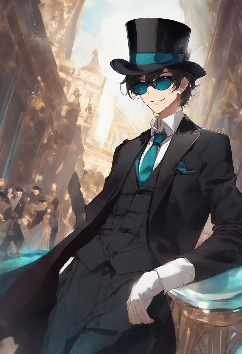 1boy, solo, kurofuku, necktie, male focus, black suit, upper body, black pants,inky body,cyan eye,grin, wearing a top hat, mystery being, sunglasses, cloak