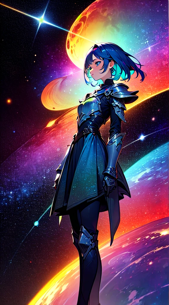 a girl with rainbow colored hair and detailed teal dress armor, standing, rainbow colored cosmic nebula background, stars, galaxies, intricate details, perfect face