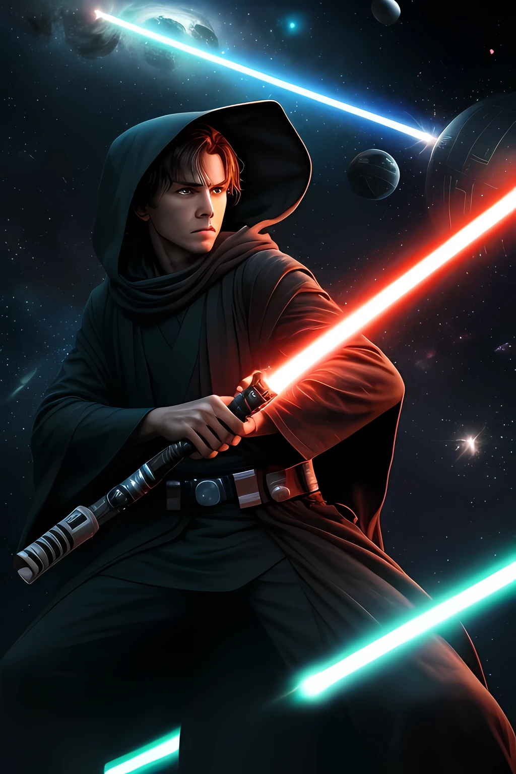 Jedi swordsman, fighting with a lightsaber, with the Death Star floating in space behind him, best quality, 8k, high resolution, ultra-detailed, extremely detailed, top quality,