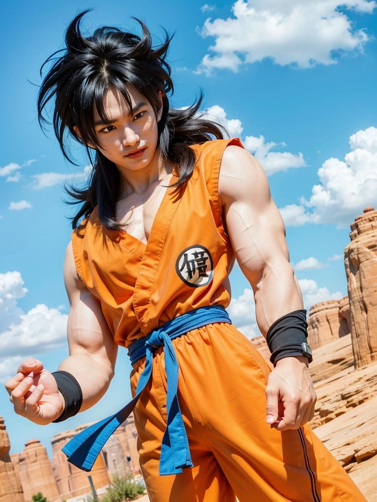 yamcha
black hair
black eyes
long hair
bangs
scar on face
orange dougi
orange pants
blue sash
blue wristbands
black shoes
insignia
(8k, best quality, masterpiece:1.2),(upper body:1.2),yamcha, male focus, 1boy, black hair, solo, scar on face, smile, muscular male, spiked hair, black eyes,blue sky,rock, mountain,look at viewer,smirk, dragon Ball z,yamcha