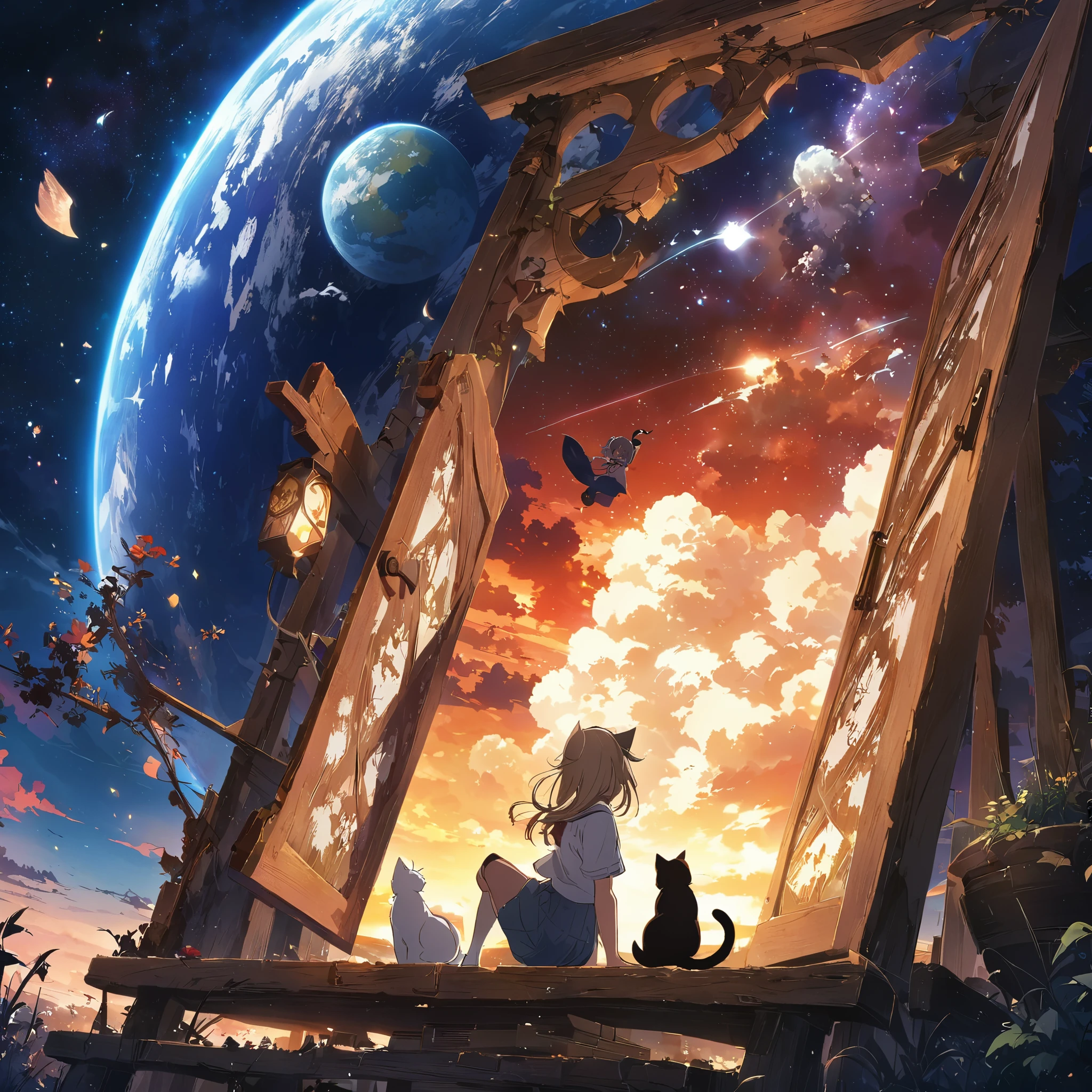 Anime drawings inspired by Makoto Shinkai, Sparrow&#39;s Door Lock, rotting wooden door, Topics on pixiv, Space Art, Makoto Shinkai Cyril Roland, Anime Japanese man and woman sitting and looking at the sky, 二人の周りにWhite cat少女とBlack cat少女とThree-haired cat少女が空駆けまわる様にいる, 4k anime wallpaper,anime art wallpaper 8k, Anime Art Wallpaper 16k, anime art wallpaper 32k, Daijin, サDaijin, White cat, Black cat, Three-haired cat