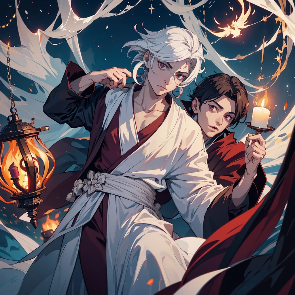 A flamboyant vampire greatly resembling Johnny Depp looks bored, (a young (25), bald, European monk, athletic, dressed in a white robe with platinum trim and a holy symbol of Bahamut) is explaining a moral lesson by a camp fire at night