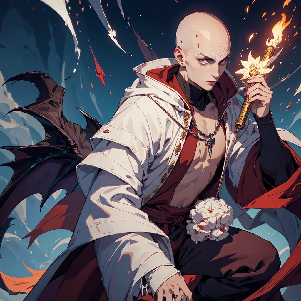 A flamboyant vampire greatly resembling Johnny Depp looks bored, (a young (25), bald, European monk, athletic, dressed in a white robe with platinum trim and a holy symbol of Bahamut) is explaining a moral lesson by a camp fire at night