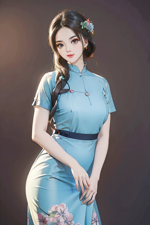 a beautiful girl in vintage colors aodai, masterpiece ,(Dye painting) ( blue color dress ) wrapped in a large flower print( flower silk ..... with ) best quality, realistic:1.3, street, cyberpunk, holding bundle of adubon sunlight, backlighting, (well pper Adhere to clear natural light hdr))full budy, big ass (Remove extra limbs, remove accurately) intricate scene, artstation, intricate details, vignettefulbudy(cartoon)