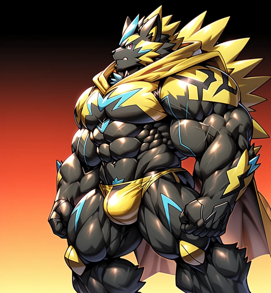 (Pokémon)
Zeraora's giant robot.
big muscle.
GIANT.
pecs, triceps, traps, waist narrow.
bulge in the crotch, wears a small black string thong that reveals huge, muscular thighs. (metallic color: jet black thong)
body full of huge muscles.
also have a cloak on my back.