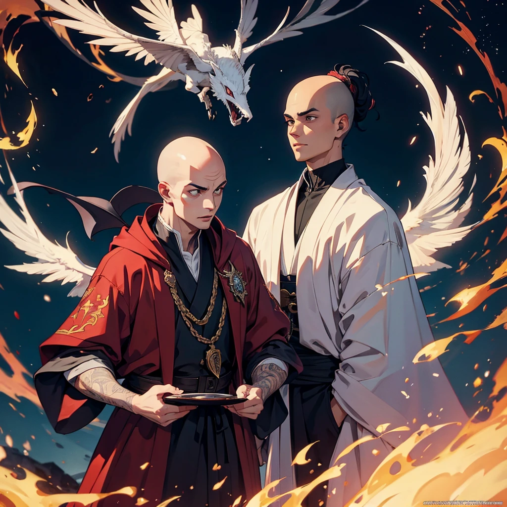 A flamboyant vampire greatly resembling Johnny Depp looks bored, (a young (25), bald, European monk, athletic, dressed in a white robe with platinum trim and a holy symbol of Bahamut) is explaining a moral lesson by a camp fire at night