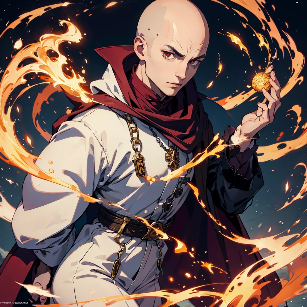 A flamboyant vampire greatly resembling Johnny Depp looks bored, (a young (25), bald, European monk, athletic, dressed in a white robe with platinum trim and a holy symbol of Bahamut) is explaining a moral lesson by a camp fire at night