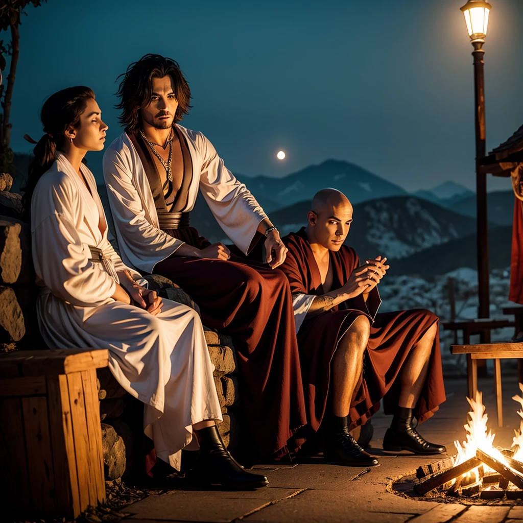 A flamboyant vampire greatly resembling Johnny Depp looks bored, (a young (25), bald, European monk, athletic, dressed in a white robe with platinum trim and a holy symbol of Bahamut) is explaining a moral lesson by a camp fire at night