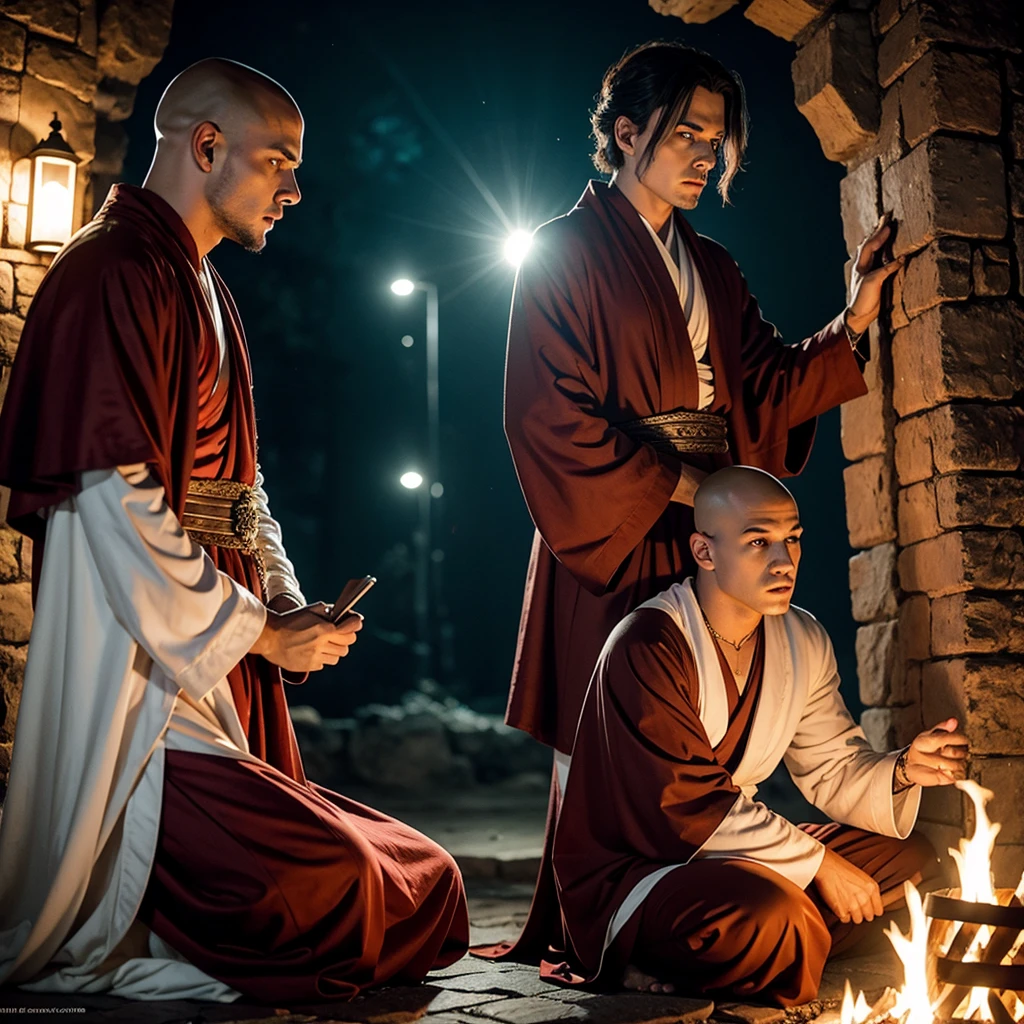 A flamboyant vampire greatly resembling Johnny Depp looks bored, (a young (25), bald, European monk, athletic, dressed in a white robe with platinum trim and a holy symbol of Bahamut) is explaining a moral lesson by a camp fire at night