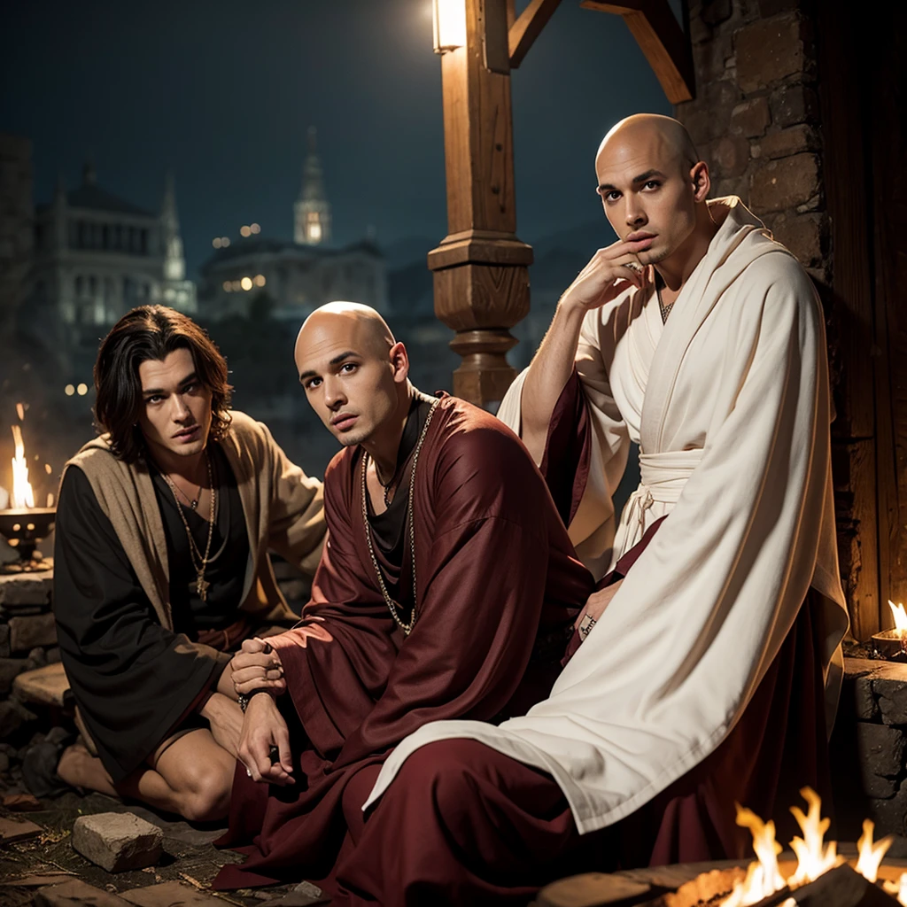 A flamboyant vampire greatly resembling Johnny Depp looks bored, (a young (25), bald, European monk, athletic, dressed in a white robe with platinum trim and a holy symbol of Bahamut) is explaining a moral lesson by a camp fire at night