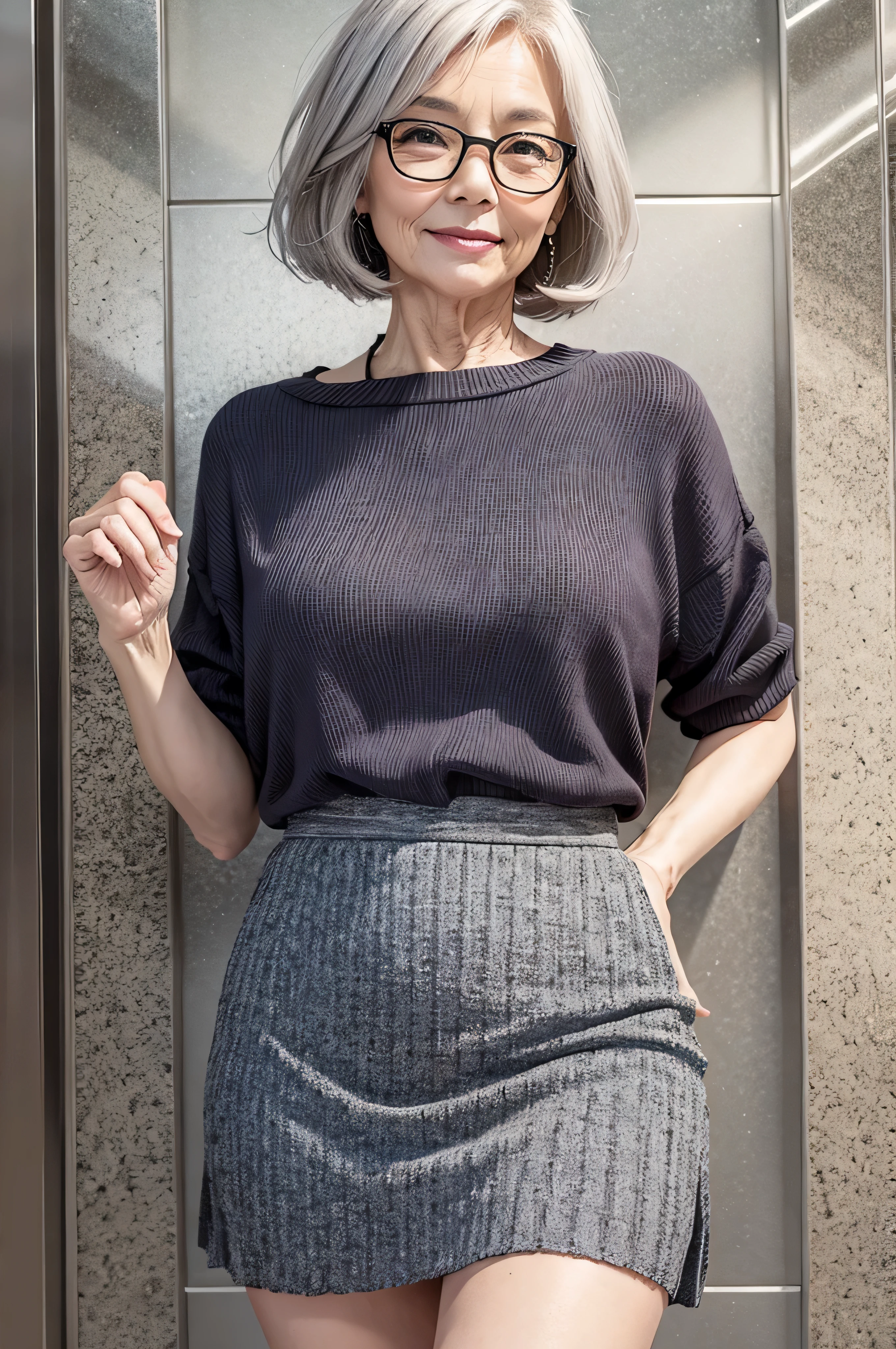 (Masterpiece:1.4),(60-year-old woman:1.4),(Wrinkles on the face1.24),smile,nude,gray hair,square glasses,(skirt by the lift:1.5), (The panties are in full view:1.4)