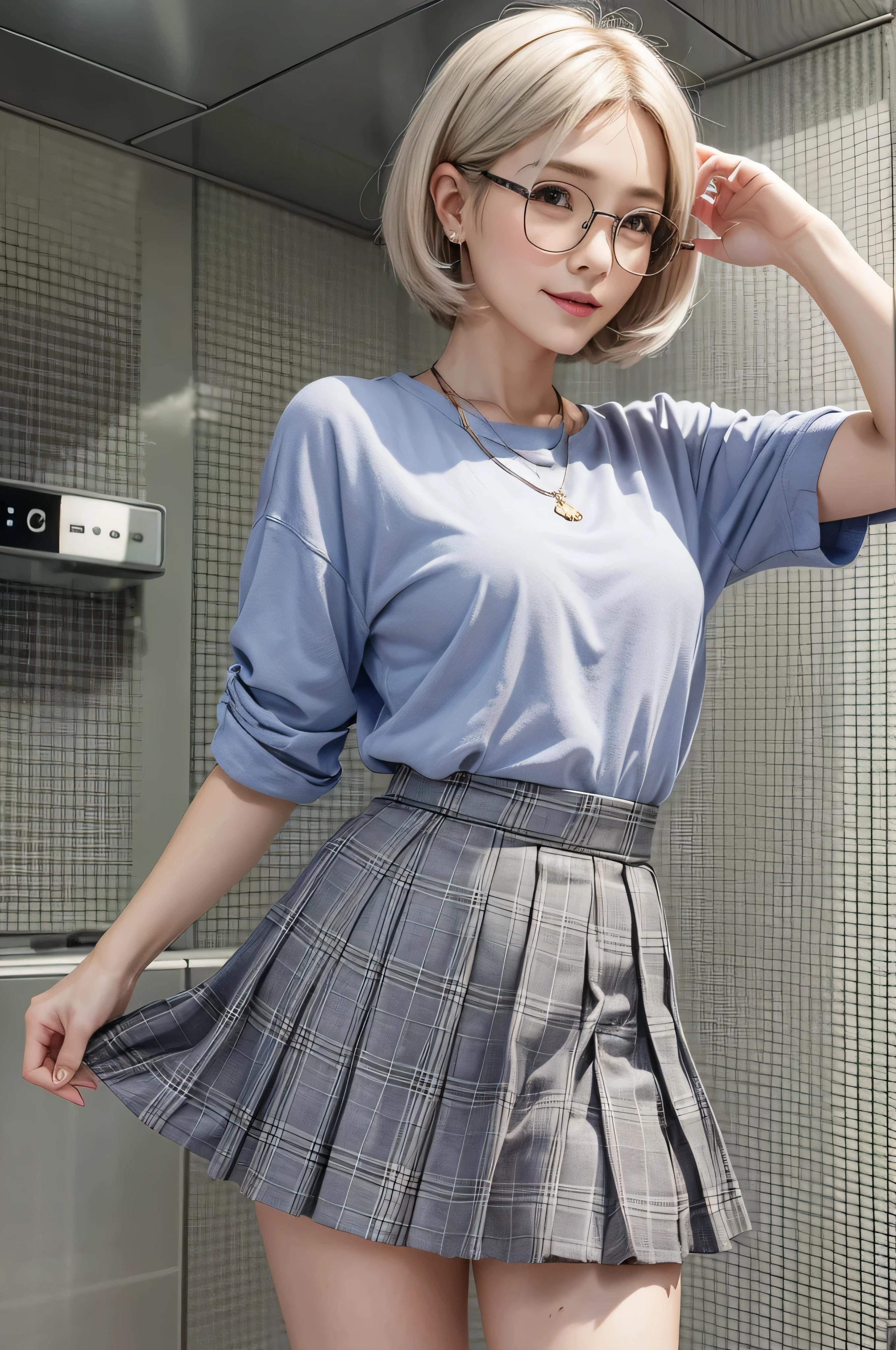 (Masterpiece:1.4),(60-year-old woman:1.4),(Wrinkles on the face1.24),smile,nude,gray hair,square glasses,(skirt by the lift:1.5), (The panties are in full view:1.4)