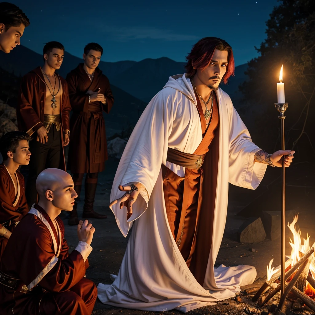 A flamboyant vampire greatly resembling Johnny Depp looks bored, (a young (25), bald, European monk, athletic, dressed in a white robe with platinum trim and a holy symbol of Bahamut) is explaining a moral lesson by a camp fire at night