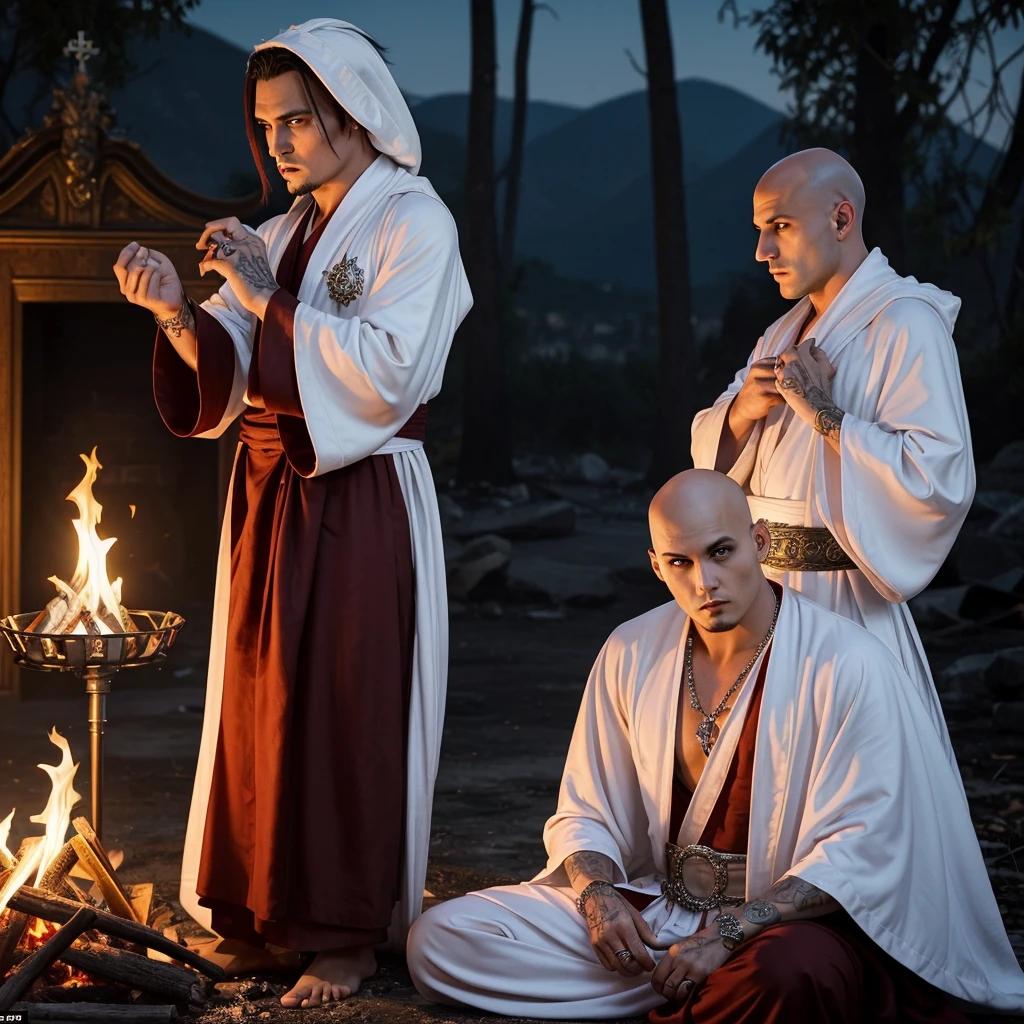 A flamboyant vampire greatly resembling Johnny Depp looks bored, (a young (25), bald, European monk, athletic, dressed in a white robe with platinum trim and a holy symbol of Bahamut) is explaining a moral lesson by a camp fire at night