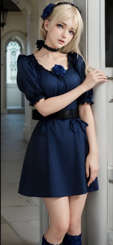 ((masterpiece), (Realistic), highest quality:1, High resolution, 4K, super High resolution), One girl, dress, view your viewers, lanthanum, long sleeve, red dress, candy, bangs, alone, Puffy sleeves, blue eyes, black bow, Gray Hair, bow, short hair, jewelry, Juliet Sleeve, Lollipop, blush, Mouth closed, hair bow, Full body portrait,