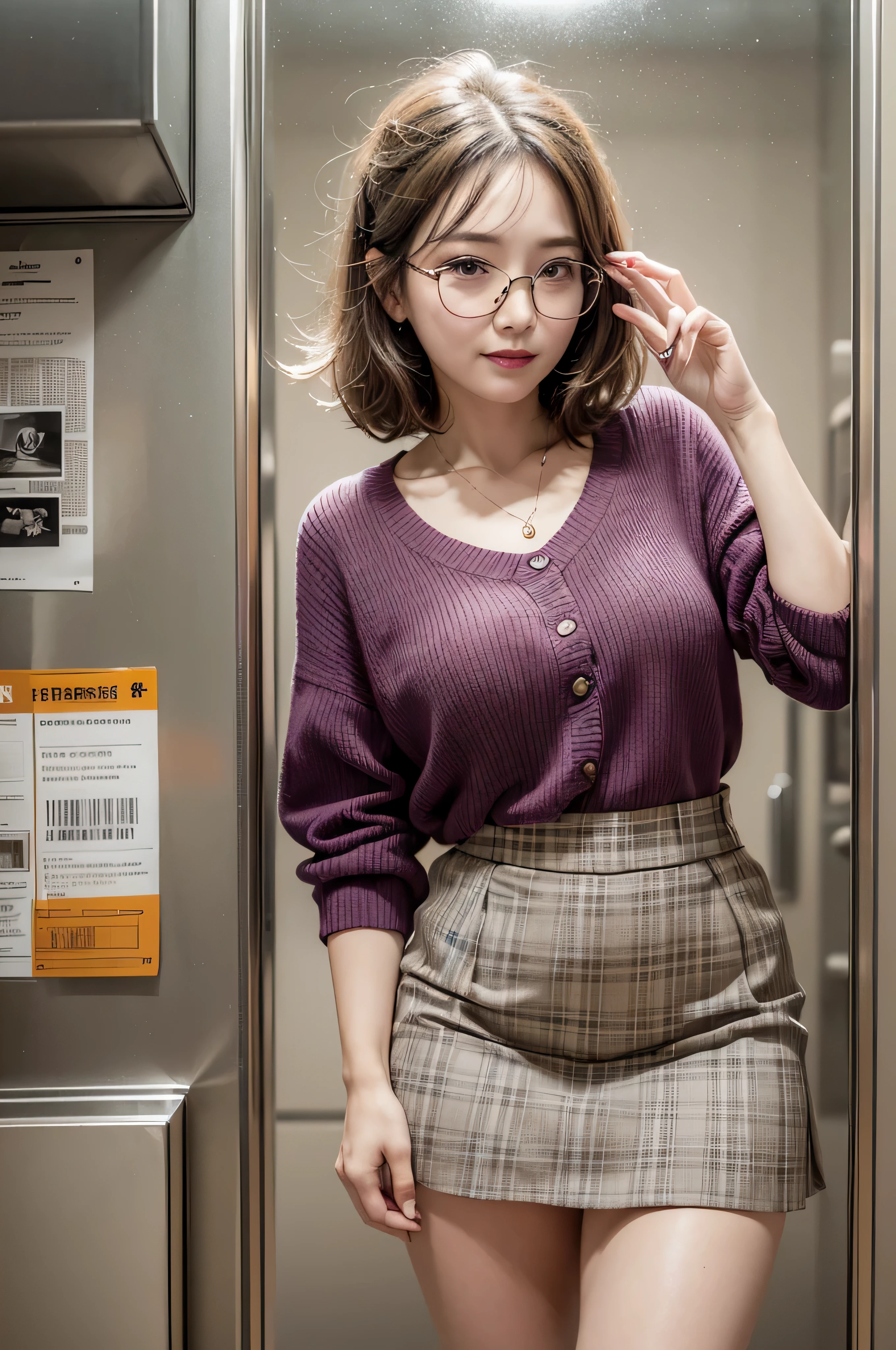 (Masterpiece:1.4),(60-year-old woman:1.4),(Wrinkles on the face1.24),smile,????,gray hair,square glasses,(skirt by the lift:1.5), (The panties are in full view:1.4)