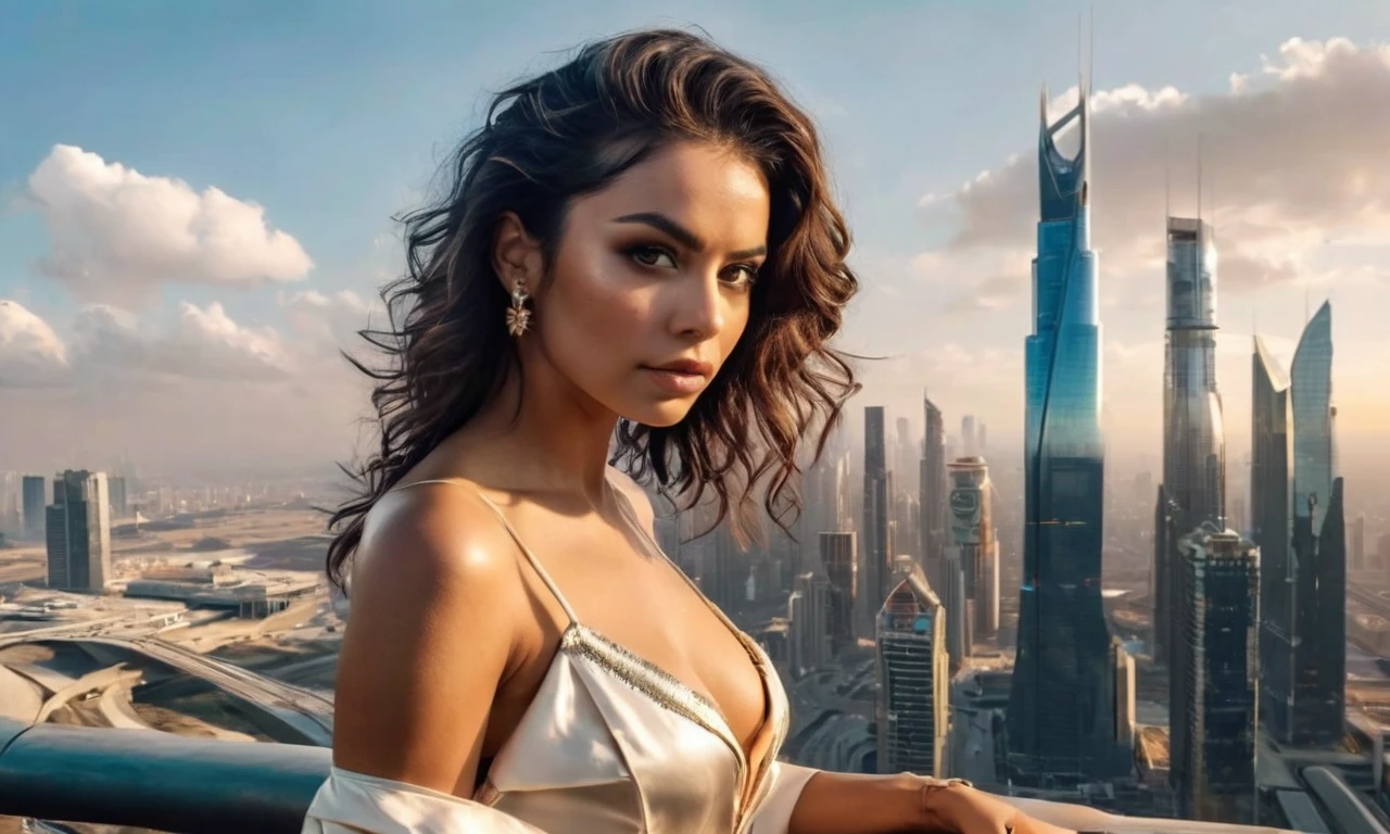 Photo ~%2A~aesthetic~%2A~, nude ethnic chorus woman with her adult daughter wears a satin top at a futuristic city skyline at dawn nsfw. best quality, highly detailed