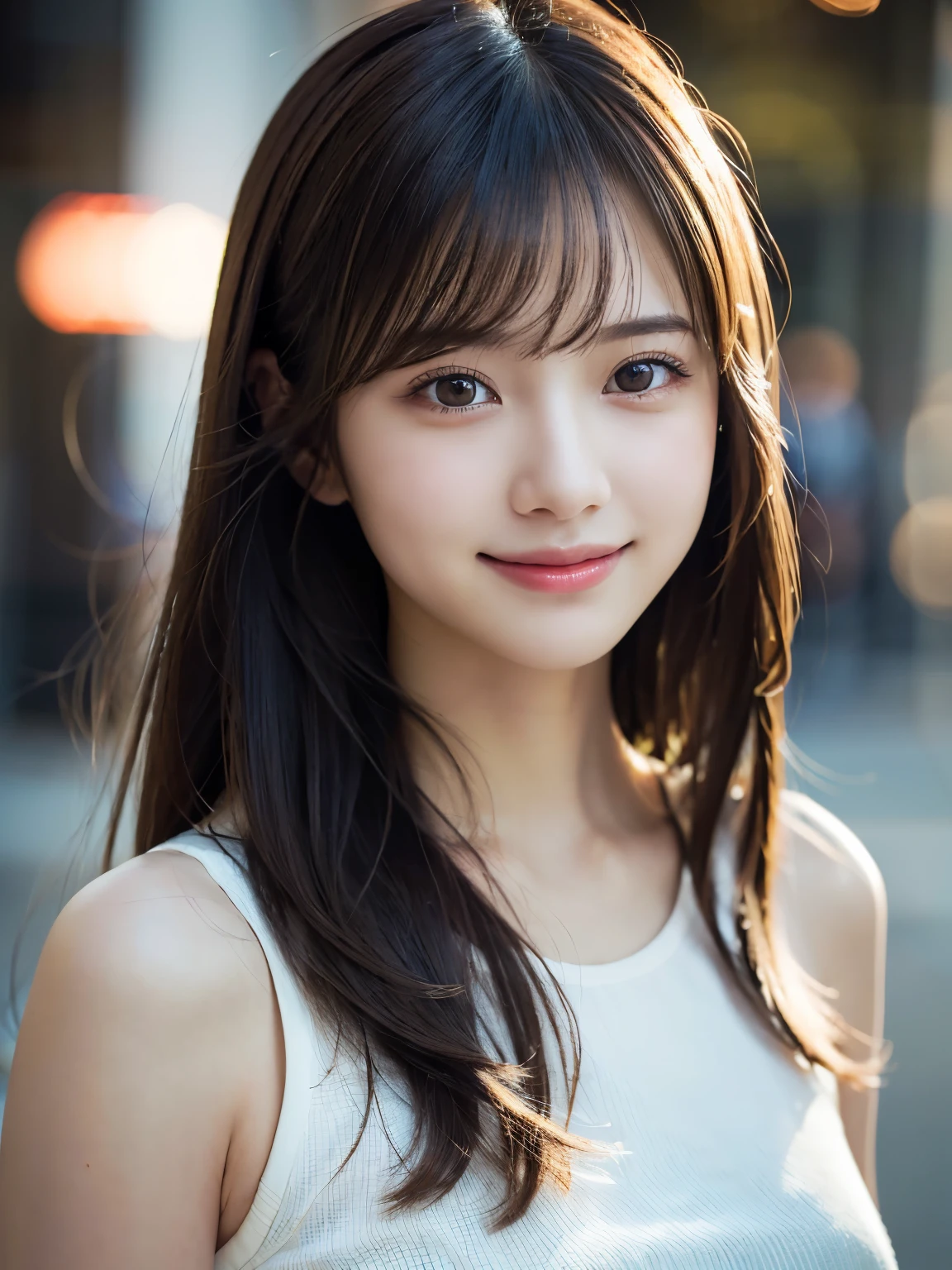 1 girl, (RAW Photos, highest quality), (Realistic, Photorealistic:1.4), Very delicate and beautiful, Very detailed, 8k wallpaper, wonderful, finely, Very detailed CG Unity, High resolution, Soft Light, Beautiful and detailed 19 year old girl, Very detailedな目と顔, Beautiful and detailed nose, finelyて美しい目, Small Mouth, Cinema Lighting, Perfect Anatomy, Slender body,smile 