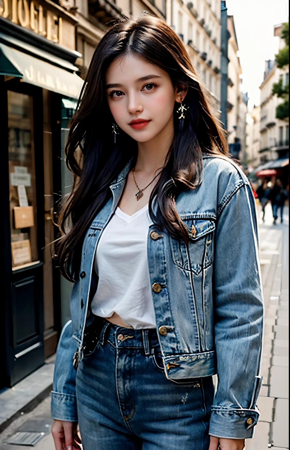((Masterpiece: 1.4)), 20 years beautiful girl, 1girl, solo, long hair, jewelry, jacket, necklace, black hair, denim jacket, looking at viewer, seafoam jacket, upper body, denim, shirt, realistic, wavy hair, grey eyes, lips, pocket, open jacket, open clothes, earrings, Paris streets, Paris shoping, Paris ruins, Paris Roads, round young breast, slender girl, perfect figure, Ultra HD, Ultra Realistic, ((realistic: 1.2)), ((beautiful smile: 1.2)), 
