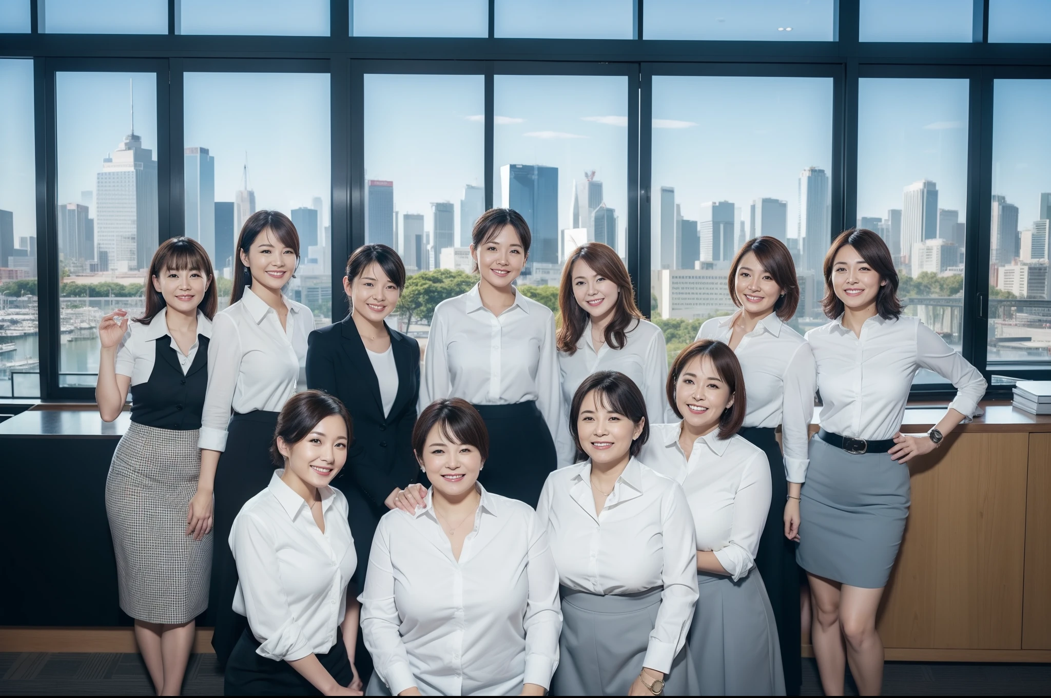 ((highest quality, 8k, Representative works in detail, Ultra-high resolution)), (women group photo), (Looking at the audience), (Mid Shot:), Five attractive business women、Only women 5 people, A little chubby:0.25, White collared shirt, Grey Skirt, (officeの机にあぐらをかいて座っている)), smile, A view of the cityscape;office,