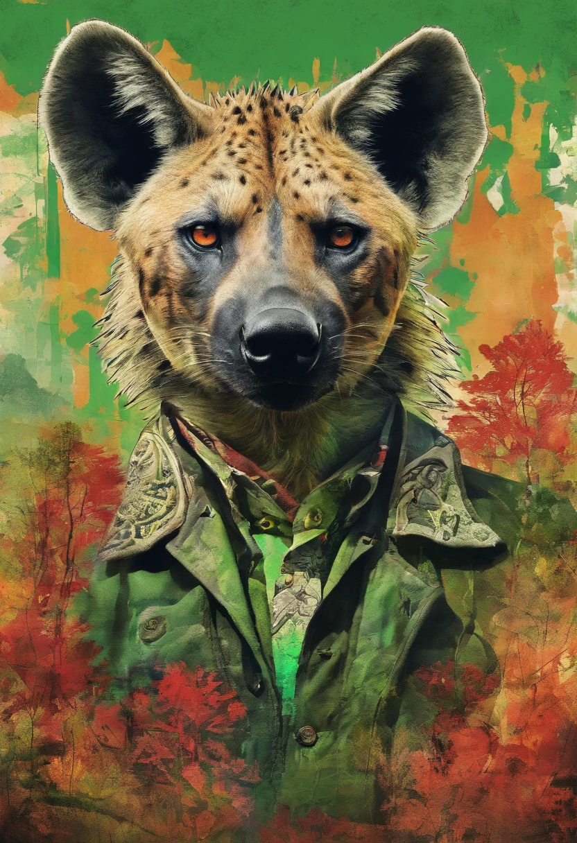 Envious hyena, bave d'envie, posture agressive combattive, regard envieux jaloux, green forest background ::2 colorful ink painting ::2 art fantasy