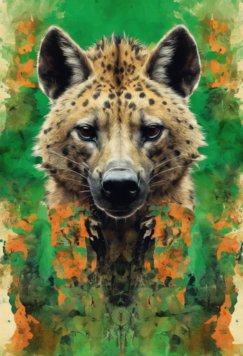 Envious hyena, bave d'envie, posture agressive combattive, regard envieux jaloux, green forest background ::2 colorful ink painting ::2 art fantasy