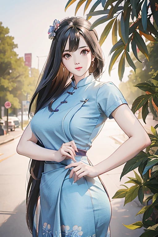 a beautiful girl in vintage colors aodai, masterpiece ,(Dye painting)  ( blue color   dress ) wrapped in a large flower print( flower silk ..... with  ) best quality, realistic:1.3, street, cyberpunk, holding bundle of adubon sunlight, backlighting, (well pper Adhere to clear natural light hdr))full budy, big ass (Remove extra limbs, remove accurately) intricate scene, artstation, intricate details, vignettefulbudy(cartoon)