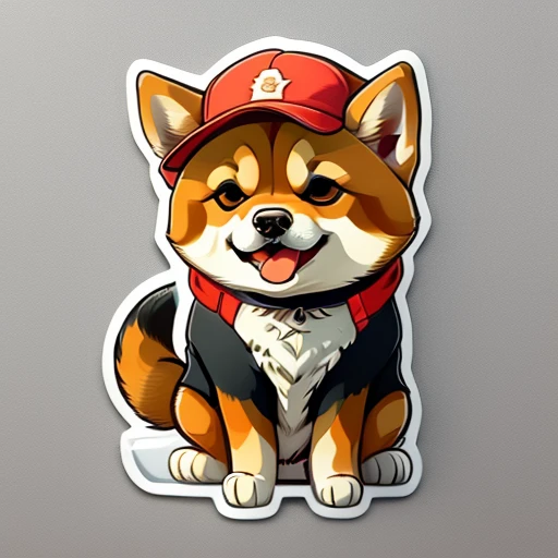 Sticker, cute cartoon of, vectorize, Cute cartoon sticker of a shiba inu in red Baseball Cap and shoes, smile,