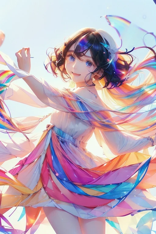 Fantasy, anime,Bright, (White background Plain white background:1.5),Girl,teenager,Full body view,(((Rainbowless:1.5, Colorful Dresses, pastel, Rainbow Colors, Colorful))),short hair,Curly hair,Black Hair,Spiky Tiara, smile, Perfect Arms, Perfect Fingers