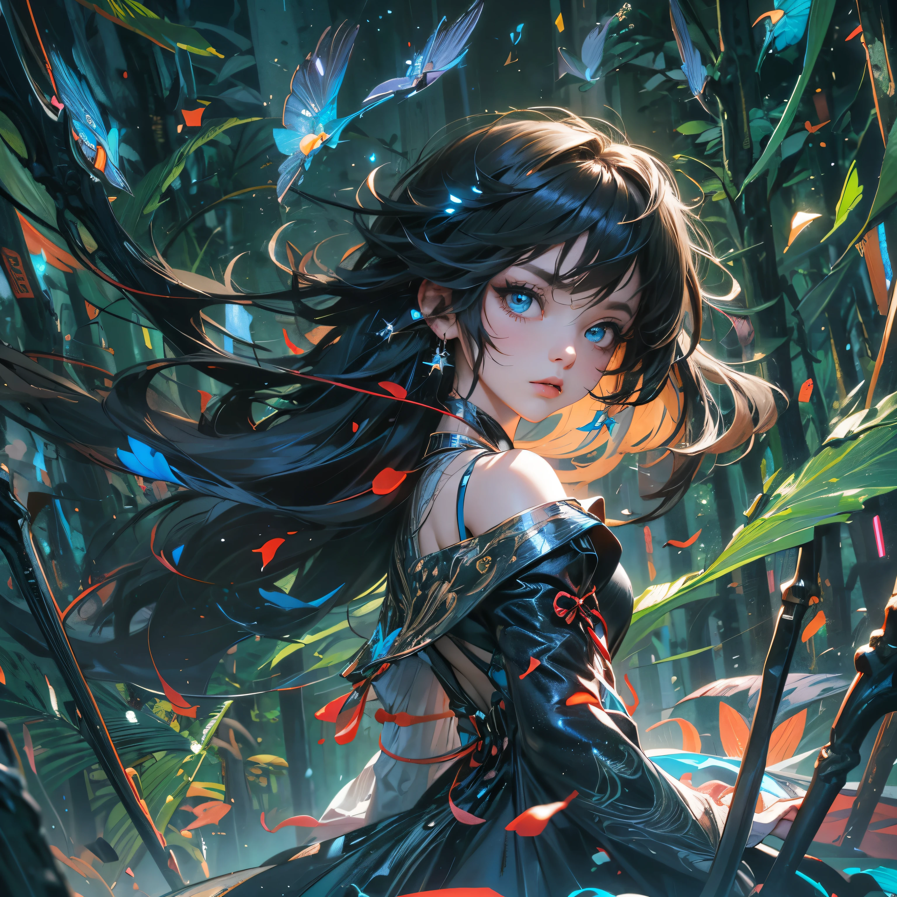 Masterpiece, best quality, super high resolution, fluorescent color,1 girl, looking at the audience, beautiful face, beautiful eyes, (bare shoulder: 1.2), head up, upper body, forest, shiny hair, shiny skin, glowing cut, chibi, hands not shown: 1.5, black starlight dress, particles