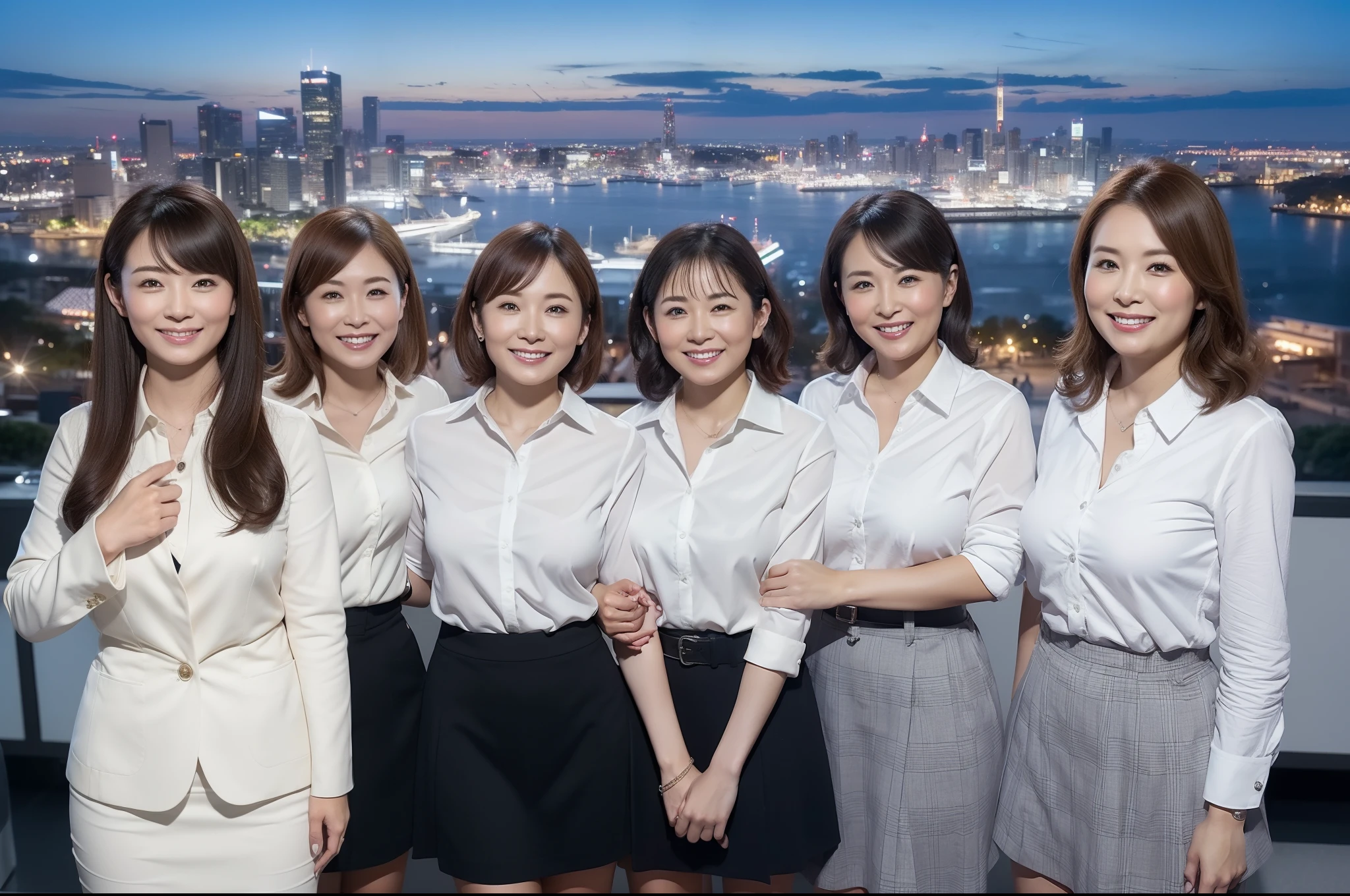 ((highest quality, 8k, Representative works in detail, Ultra-high resolution)), (women group photo), (Looking at the audience), (Mid Shot:), Five attractive business women、Only women 5 people, A little chubby:0.25, White collared shirt, Grey Skirt, (officeの机にあぐらをかいて座っている)), smile, A view of the cityscape;office,