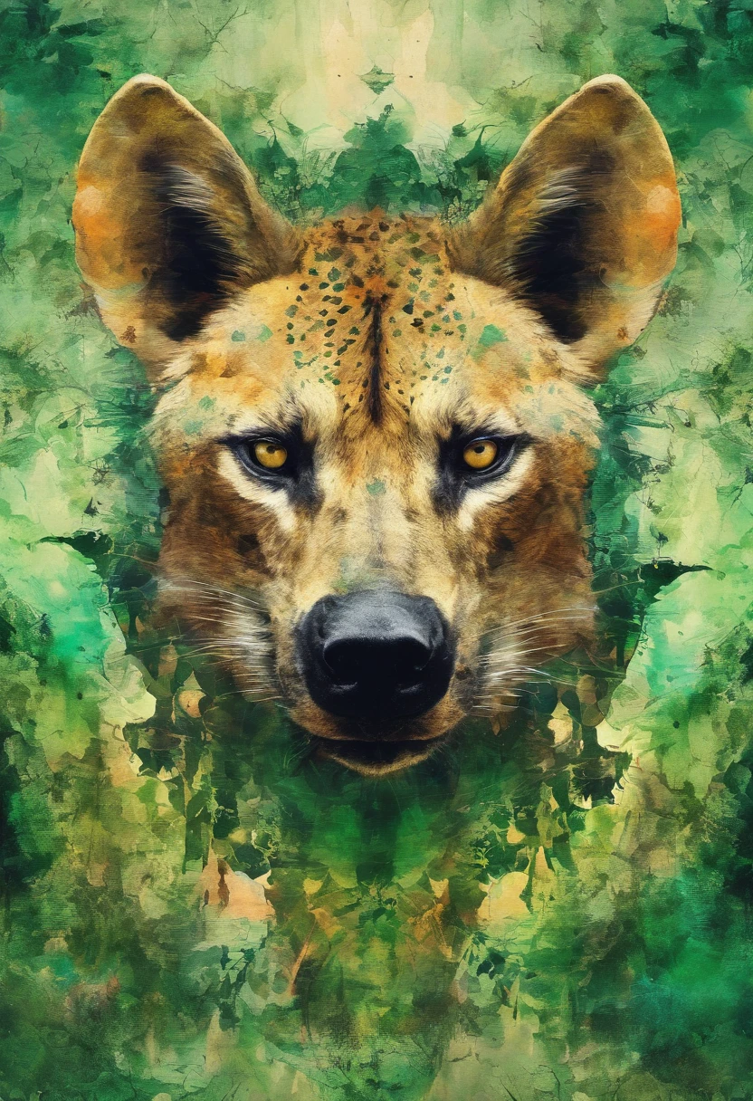 Envious hyena, baveuse, posture agressive combattive, regard envieux jaloux, green forest background ::2 colorful ink painting ::2 art fantasy
