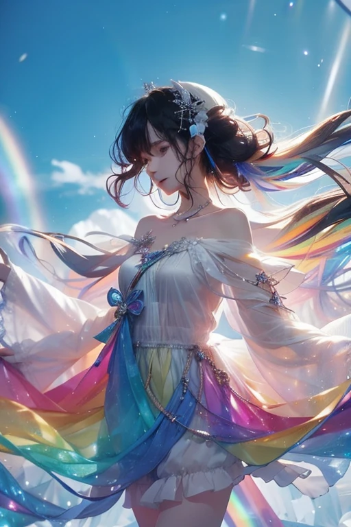 Fantasy, anime,Bright, (White background Plain white background:1.5),Girl,ager,Full body view,(((Rainbowless:1.5, Colorful Dresses, pastel, Rainbow Colors, Colorful))),short hair,Curly hair,Black Hair,Spiky Tiara, smile, Perfect Arms, Perfect Fingers