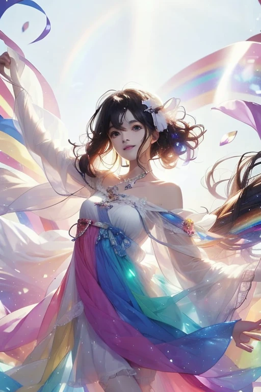 Fantasy, anime,Bright, (White background Plain white background:1.5),Girl,teenager,Full body view,(((Rainbowless:1.5, Colorful Dresses, pastel, Rainbow Colors, Colorful))),short hair,Curly hair,Black Hair,Spiky Tiara, smile, Perfect Arms, Perfect Fingers