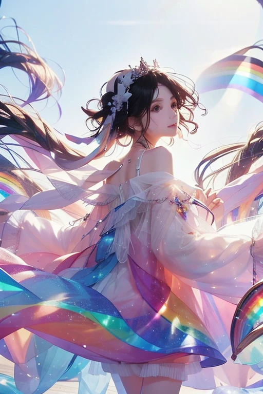 Fantasy, anime,Bright, (White background Plain white background:1.5),Girl,ager,Full body view,(((Rainbowless:1.5, Colorful Dresses, pastel, Rainbow Colors, Colorful))),short hair,Curly hair,Black Hair,Spiky Tiara, smile, Perfect Arms, Perfect Fingers