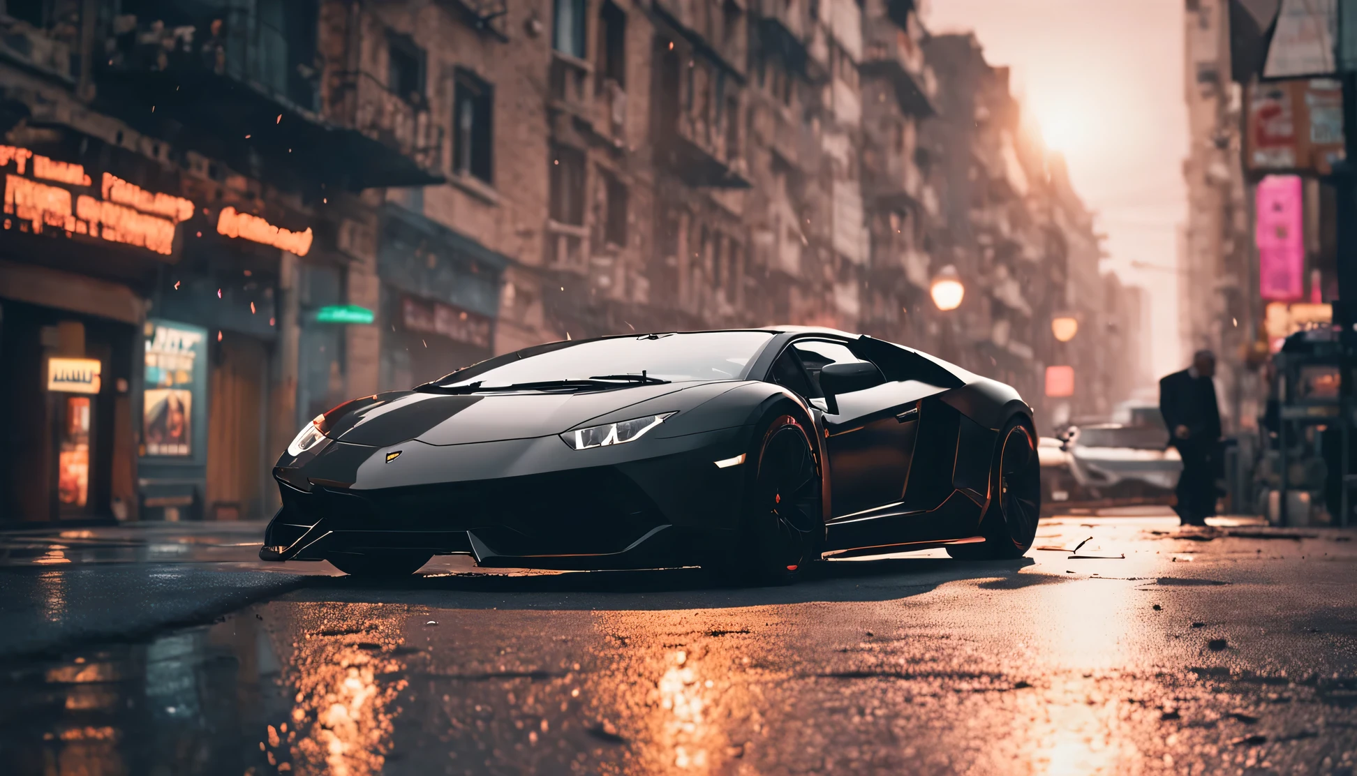 Close-up of a Lamborghini car parked on a city street., Next to him was a man in a suit holding a cigarette.,  mobile wallpaper, cinematic poster, phone wallpaper, like a matrix, motivational poster,black lamborghini car,  money falling from the sky,movie wallpaper 4 k, 4K movie wallpaper, LUT matrix, poster!!!, gta v poster style, Automotive Photography, Film illustrations, Matte digital illustrations, amazing wallpaper, matte painting movie poster, GTA loading screen image, 4k desktop wallpaper 16:9