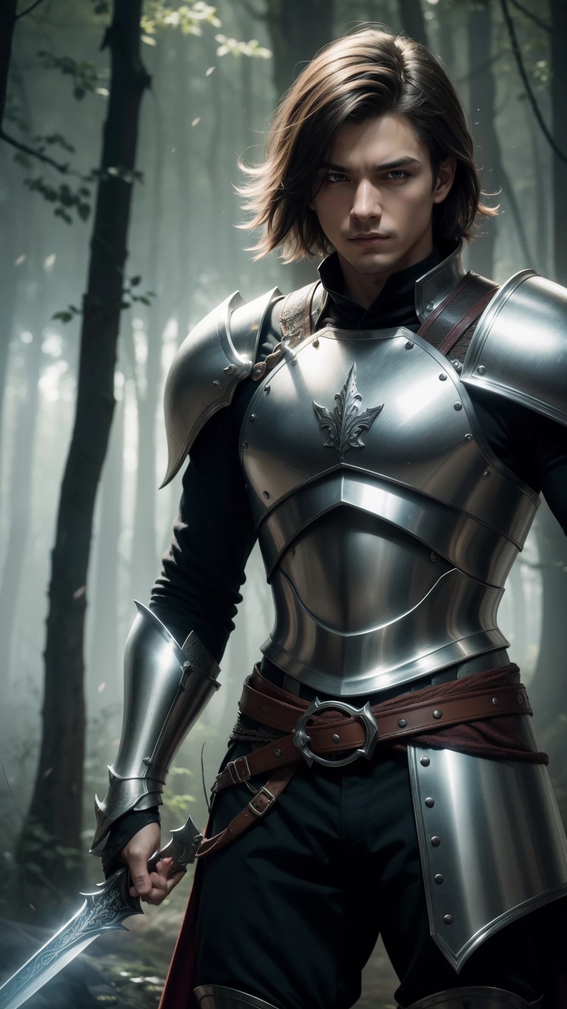 A swordman, full armor, artistic,detailed eyes,sharp sword,heroic pose, full detailed steel armor, handsome face, long sowrd, dramatic lighting,realistic leather armor,masterpiece:1.2,vivid colors,short hair,hair is disheveled,stunning battlefield,highly detailed background,action-packed,highres,bokeh,strong warrior,medieval fantasy style,emerging fog,sunlight filtering through trees,motion blur,fast-paced movement,heroic victory,Depth of field, wallpaper, high contrast, intricate details, volumetric lighting, (dynamic composition:1.1), highly detailed, colorful details, glowing lighting, atmospheric lighting, dreamy, magical, (solo), lens flare, colorful, Cinematic light, high-res, sharp focus, smooth, colorful light, particles,silver color scheme