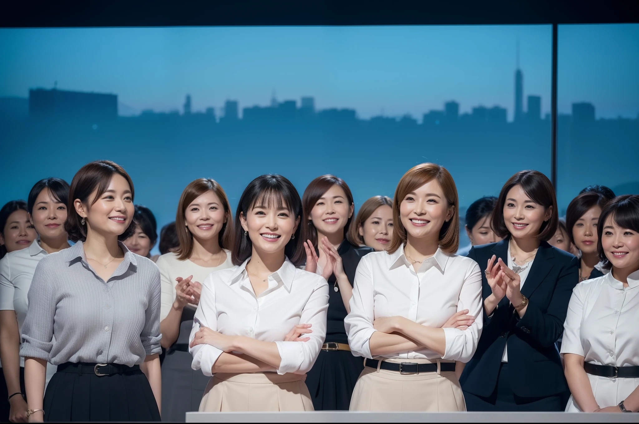 ((highest quality, 8k, Representative works in detail, Ultra-high resolution)), (women group photo), (Looking at the audience), (Mid Shot:), Five attractive business women、Only women 5 people, A little chubby:0.25, White collared shirt, Grey Skirt, (officeの机にあぐらをかいて座っている)), smile, A view of the cityscape;office,