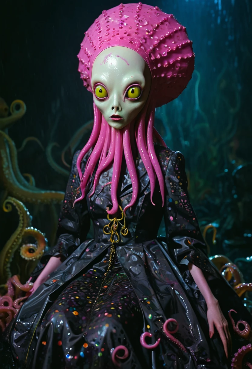 8K, ARTISTIC photogrAphy, best quAlity, mAsterpiece: 1.2), A (potrAit:1.2) witch BLOOD Toon Doll Cthulhu nun QUEEN, EYES, PINK many octopus style tentacles, full body RAW candid cinema, yellow hair, 16mm, color graded portra 400 film, remarkable color, ultra realistic, sad admosphere, dark lighting, oppressive atmosphere, depressive colors, kodak portra 400, photograph,r, Natural Light, Pinhead lighgts, blur reflection, Brush Strokes, Smooth, abstract, Splatter, Oil On Canvas, rainbow colors, fractal isometrics details bioluminescens : a stunning realistic photograph of wet bone structure, 3d render, octane render, intricately detailed, titanium decorative headdress, cinematic, trending on artstation | Isometric | Centered