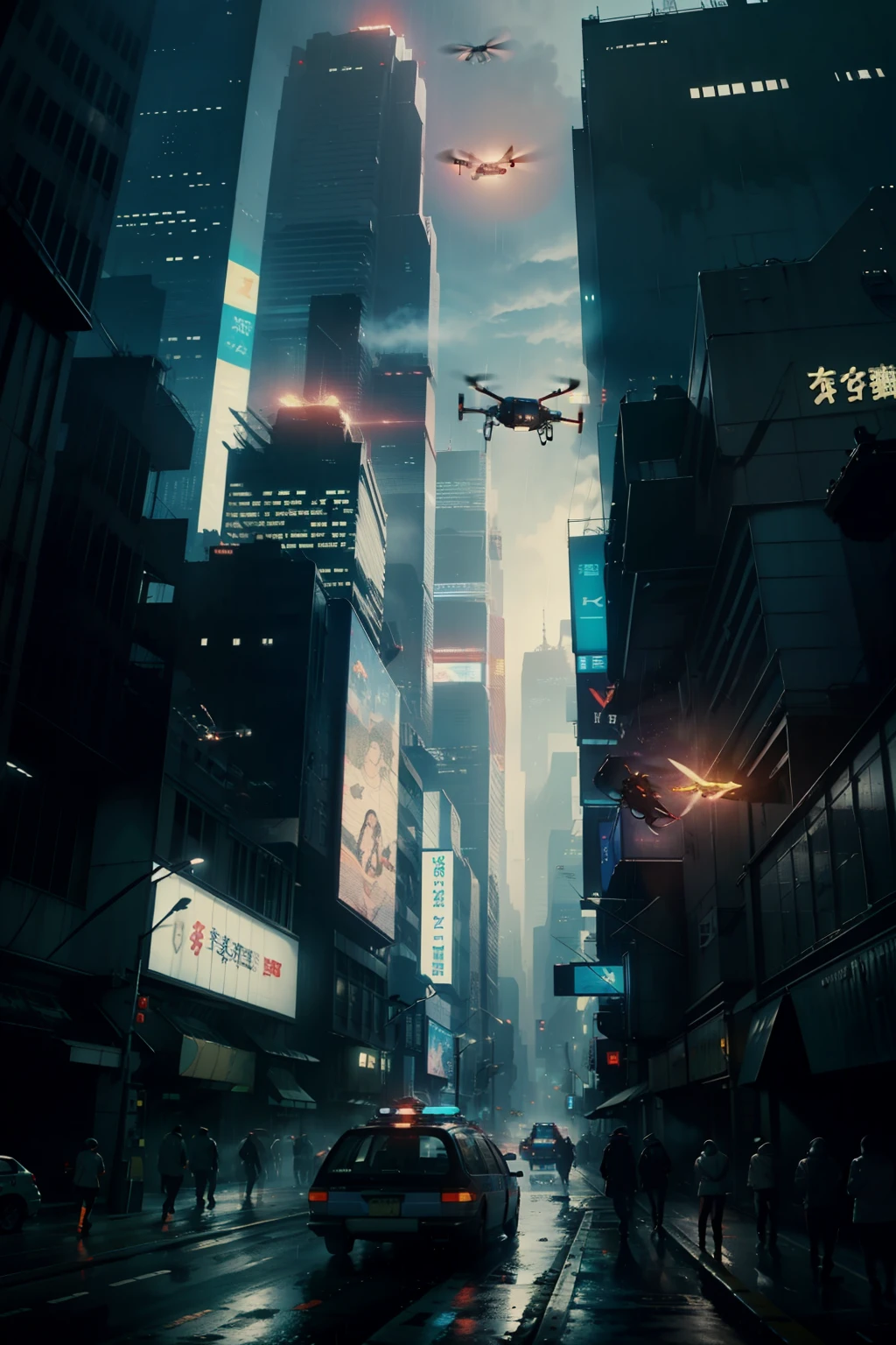 ((highest quality)), ((masterpiece)), (be familiar with), (High definition), (Accurate), (Realistic), (Cinematic), (Best Shadow), (Low contrast), (8K), Perfect Face, ((SYD MEAD style)), manga、mangaデザイン、Storyboard、Frame division、(A large advertising drone flying in the sky:1.2)、((The police are questioning:1.2))、(Scramble crossing), Police Vehicles、(2Drone is flying)、The car is jammed、congestion, congestion, Decadent Future City, NEO TOKYO, A.D.2051, (steam:1.2), It's raining white, evening,