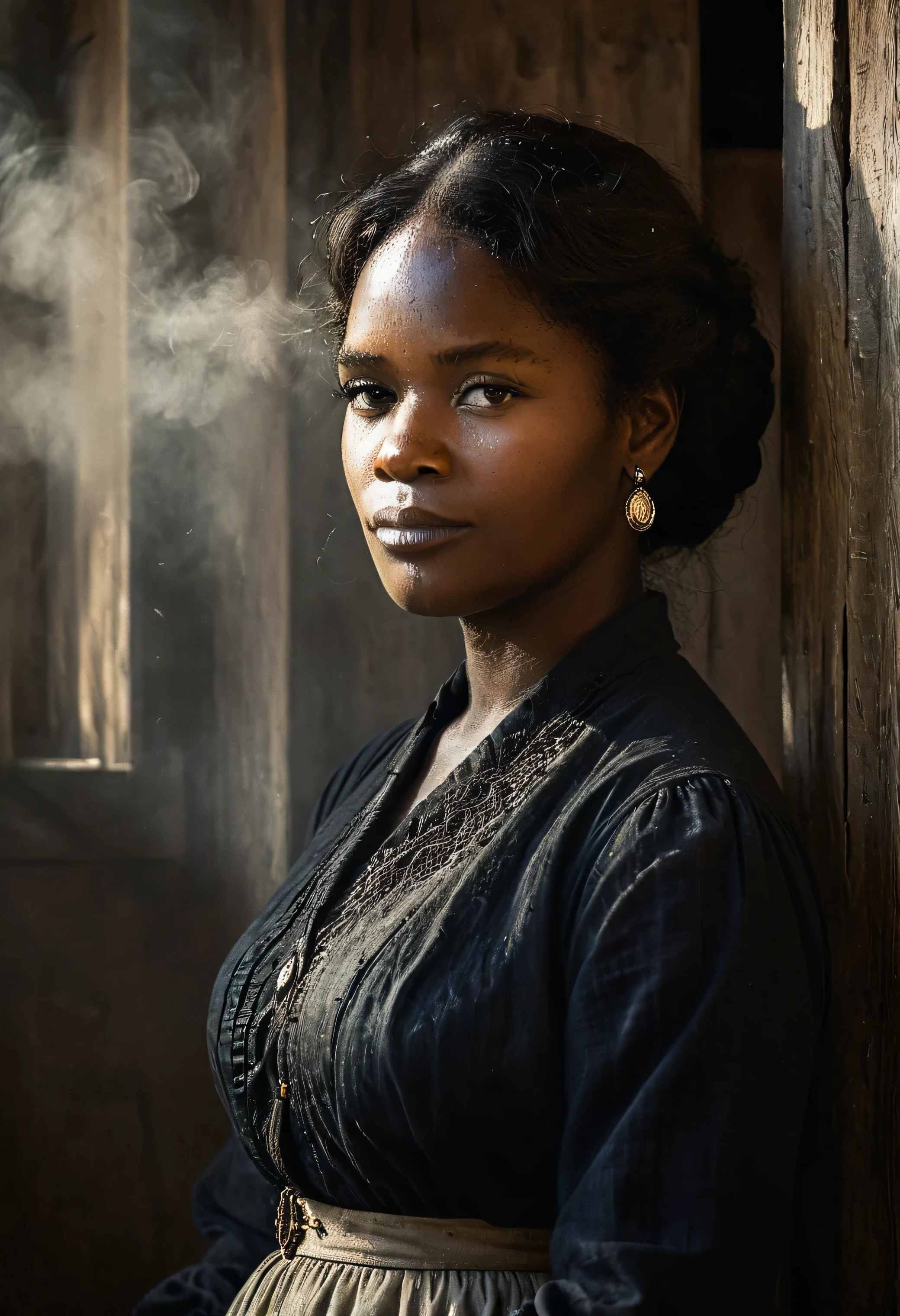masterpiece, best quality, ultra high res, 1 dark skinned African girl, (fractal art:1.3), deep shadow, dark theme, fully clothed, necklace, forlorn, cowboy shot